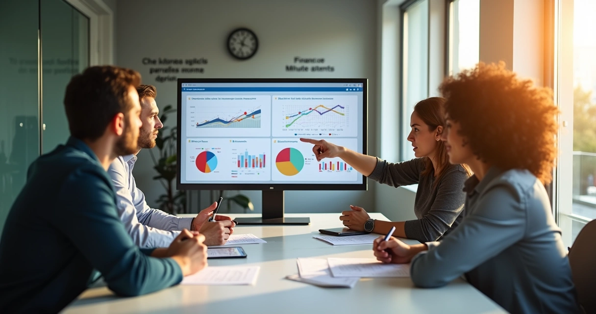 Equipe financeira analisando relatórios de cobrança na tela 