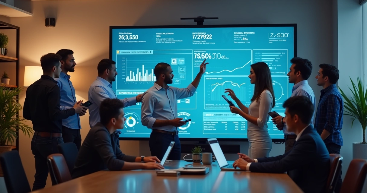 Equipe comercial analisando resultados e interagindo com dashboard de IA 