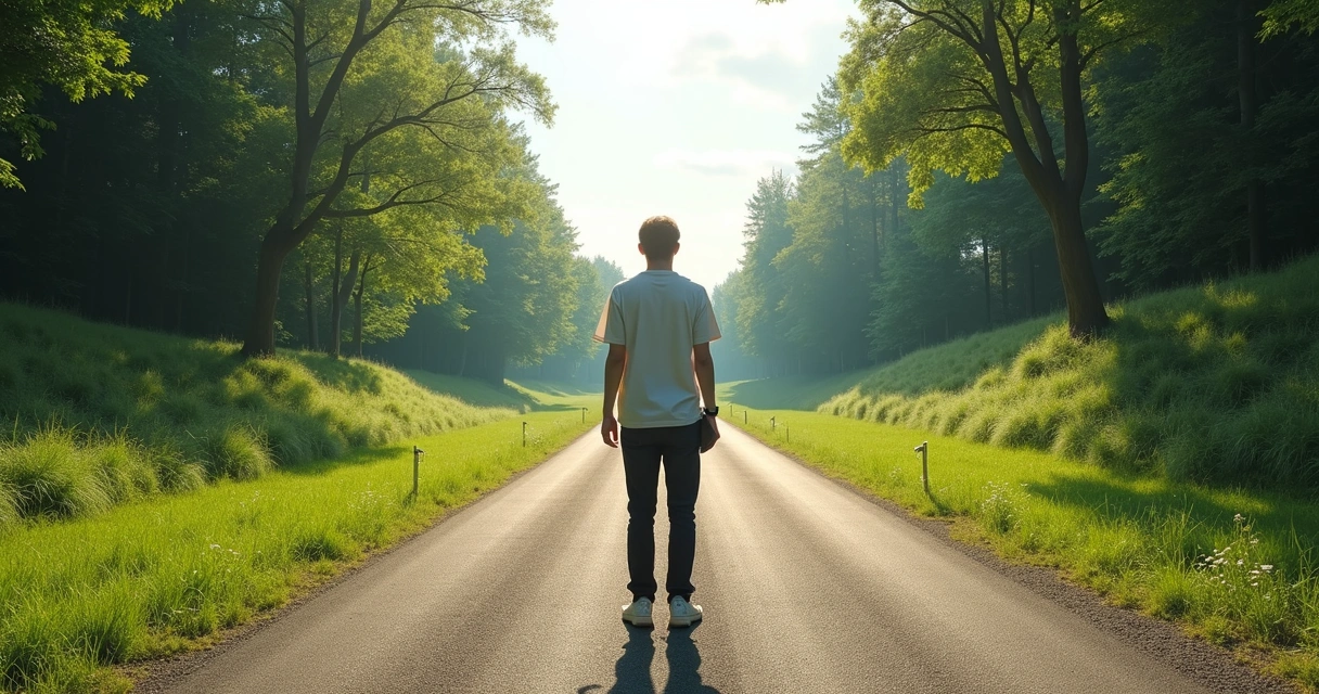 Pessoa olhando para duas estradas que se dividem em caminhos diferentes 