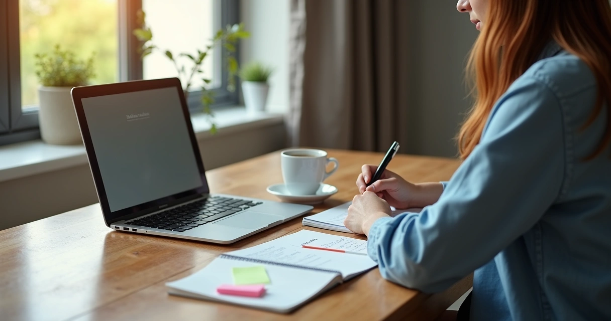 Pessoa escrevendo copy em mesa organizada com notebook e anotações