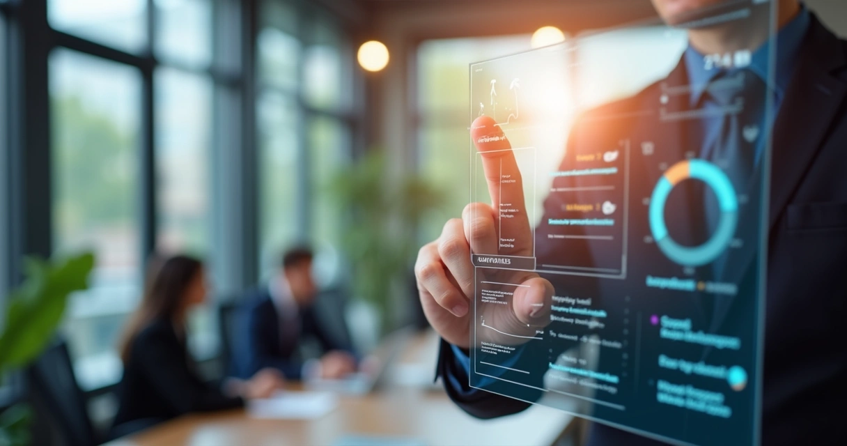 Mão acessando painel digital em escritório com advogados ao fundo 