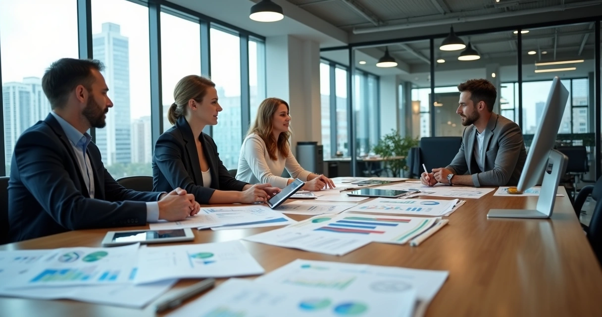 Equipe de escritório contábil analisando documentos na mesa 