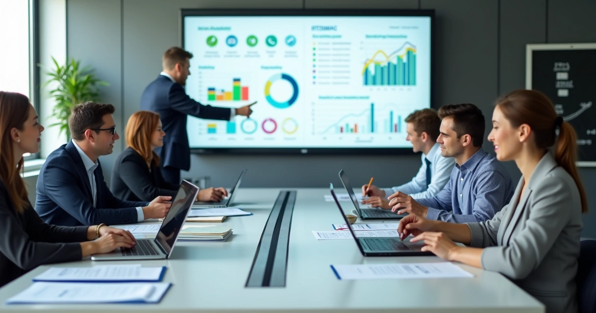 Equipe de escritório contábil analisando documentos e telas com dados financeiros 