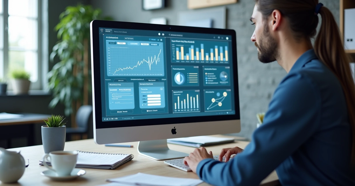 Profissional analisando informações trabalhistas em computador numa mesa de escritório contábil moderna 