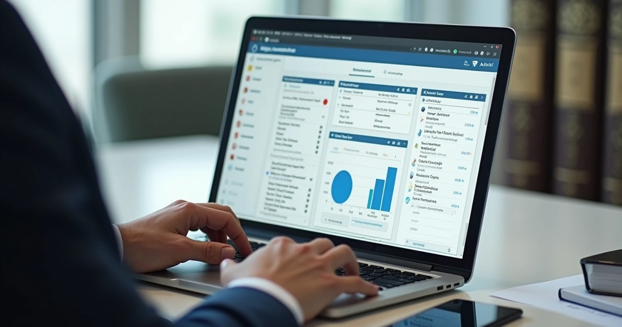 Advogado digitando em notebook com gráficos e tabelas ao fundo 