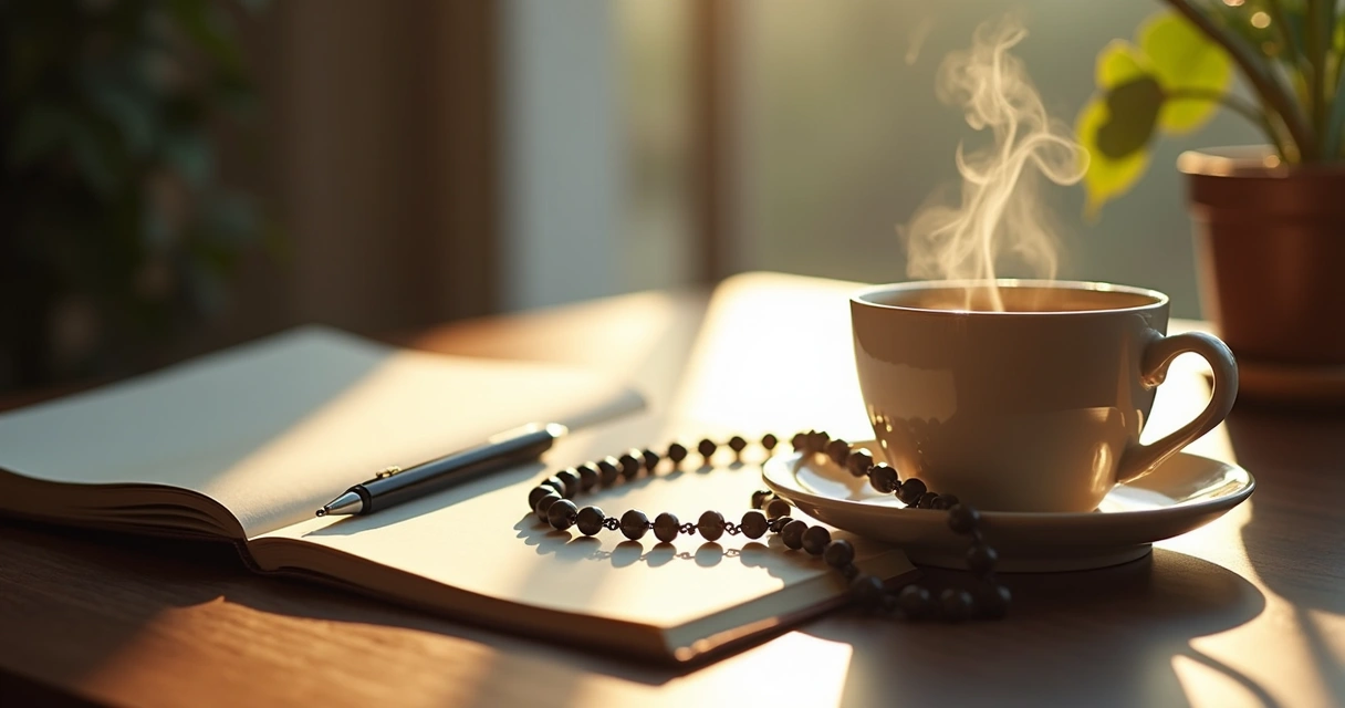 Mesa com caderno de anotações, caneta e xícara de café junto a imagem de um terço 