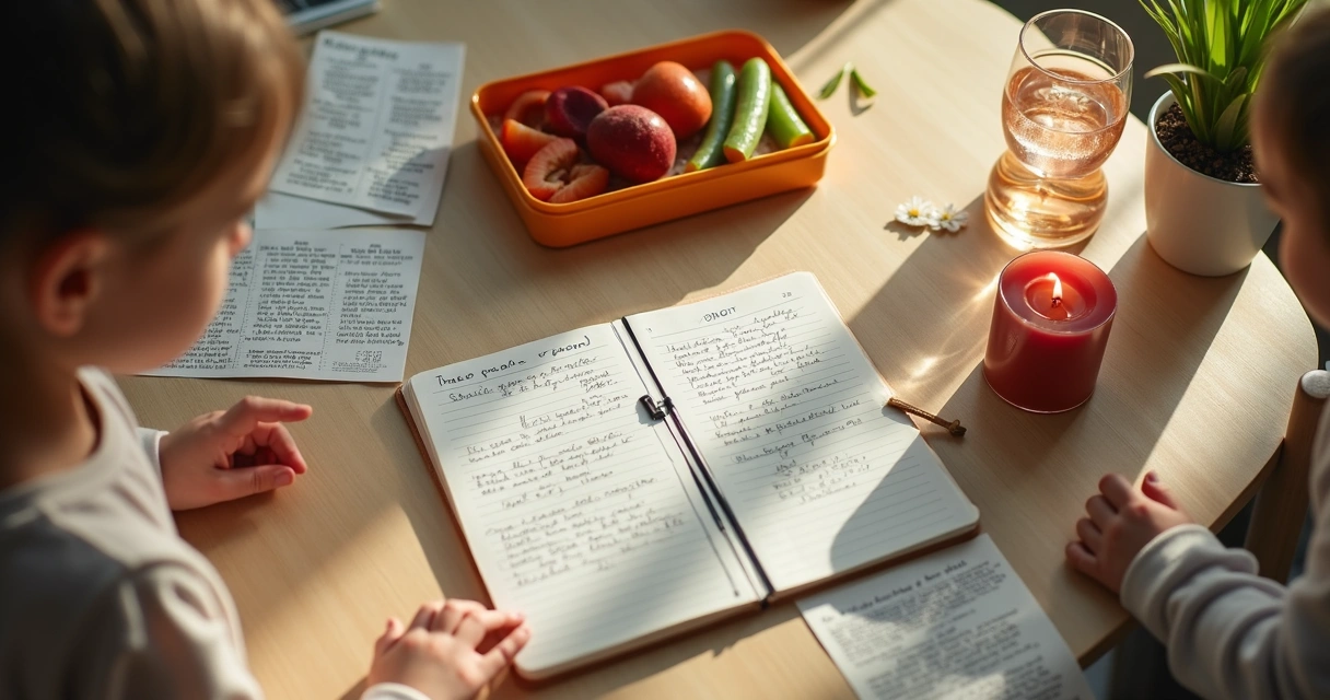 Mesa simples com caderno, vela apagada e lanche escolar ao lado