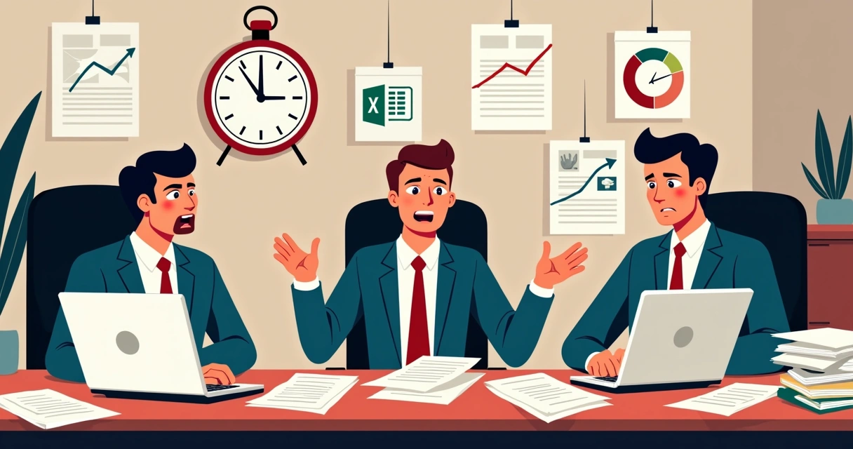 Equipe contábil lidando com pilhas de papel e diversos formatos de relatórios 