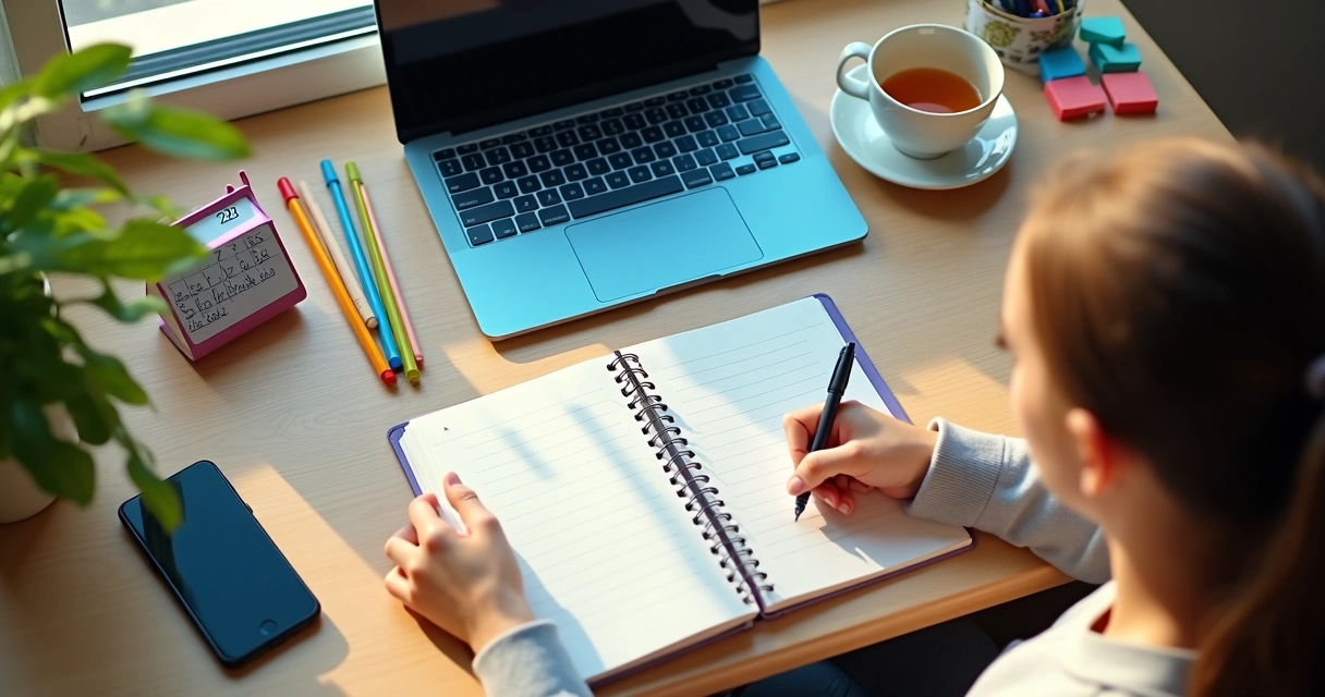 Mesa de estudo organizada, com materiais digitais e agenda