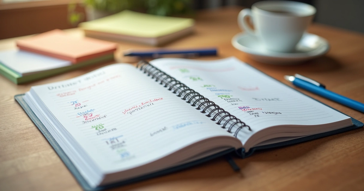 Agenda aberta marcando horários de estudo com caneta e xícara 
