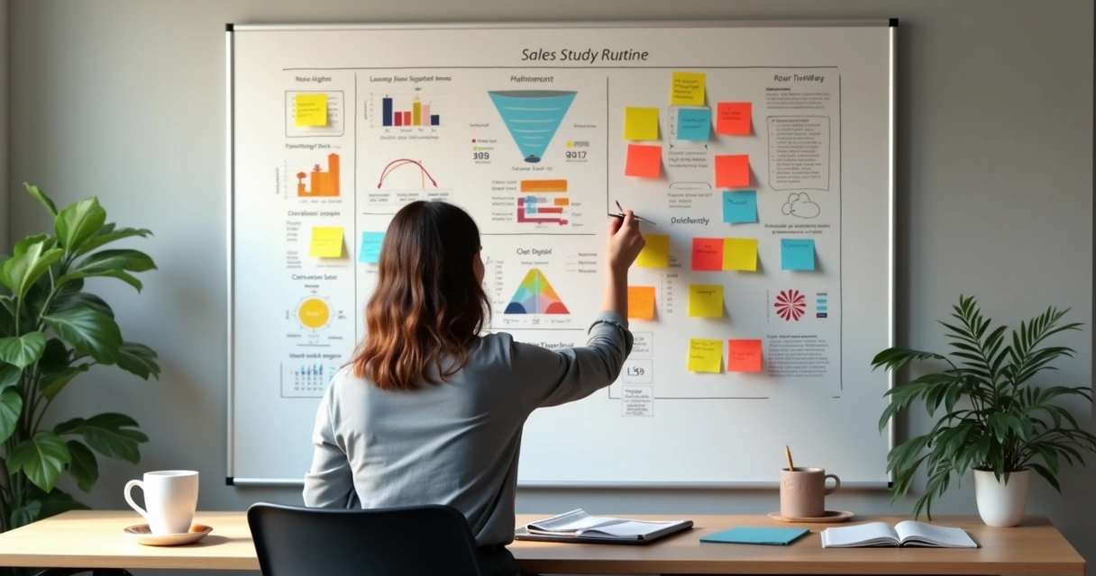 Pessoa organizando estudo de vendas em mural branco com checklists 