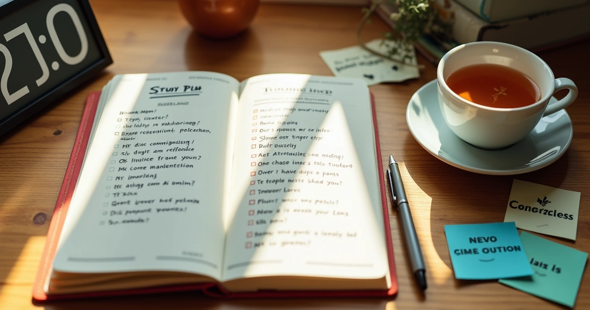 Caderno organizado com plano de estudos, caneta e xícara de chá 