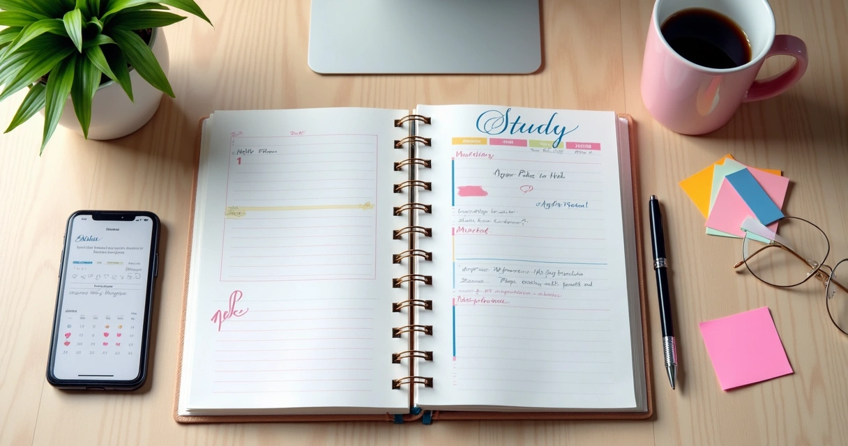Caderno com plano semanal de estudos e notebook aberto 