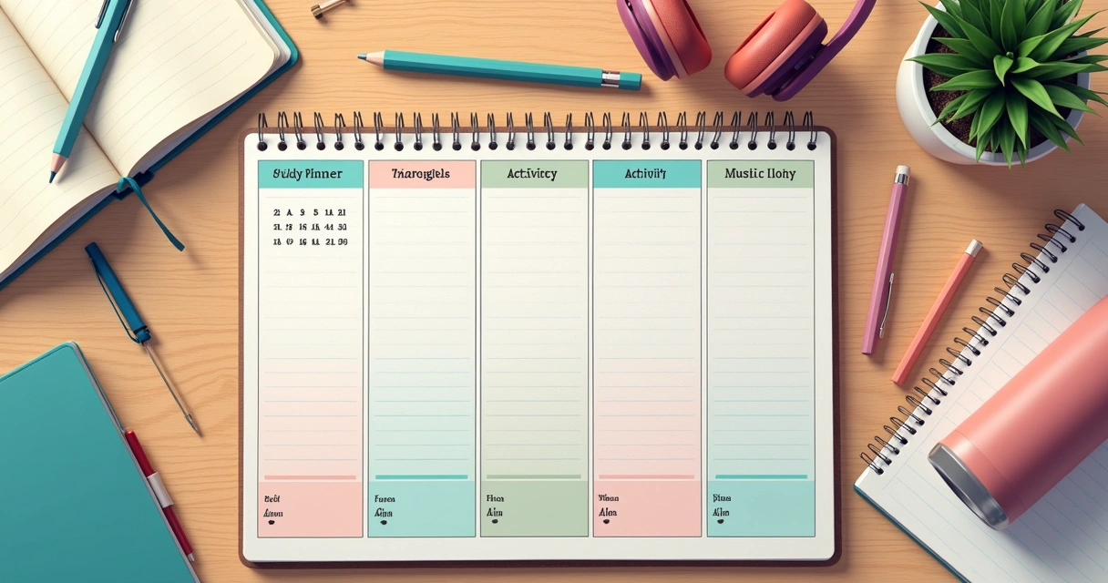 Cronograma de estudos equilibrado com pausas e hobbies ao redor