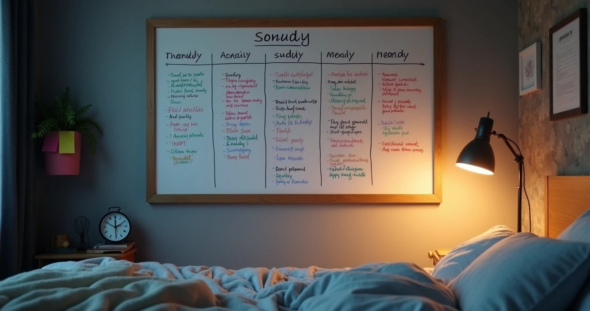 Quadro branco com cronograma de estudos noturno marcado