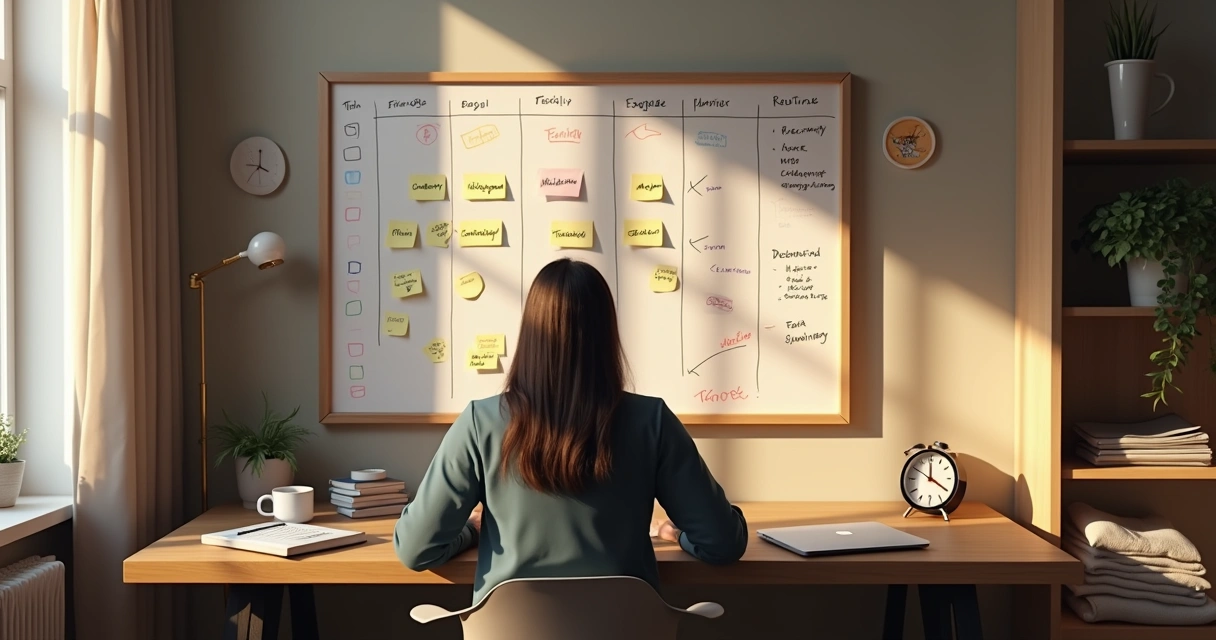 Pessoa refletindo sobre a própria rotina diante de um quadro com horários e tarefas 
