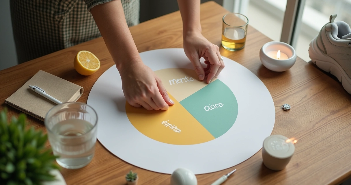 Pessoa monta painel circular com hábitos diários conscientes em mesa ordenada 