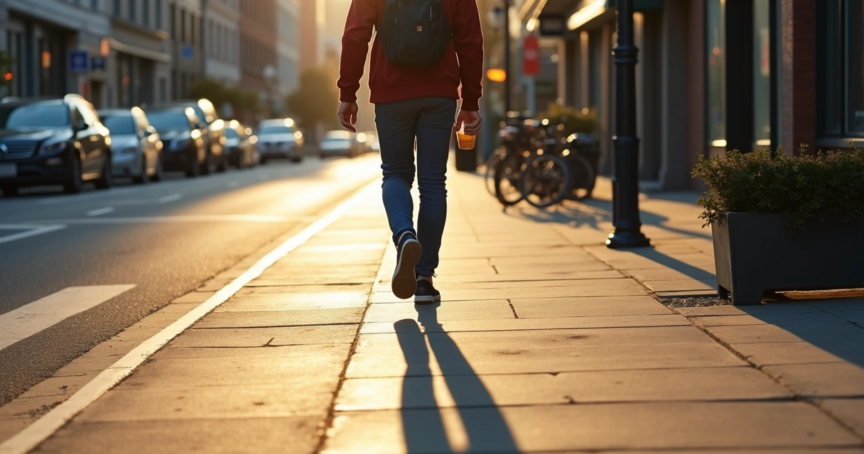 Pessoa caminhando em calçada com sombras representando escolhas automáticas e conscientes 