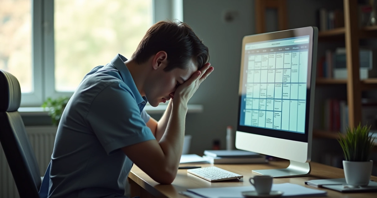 Pessoa sentada em frente ao computador com expressão de exaustão