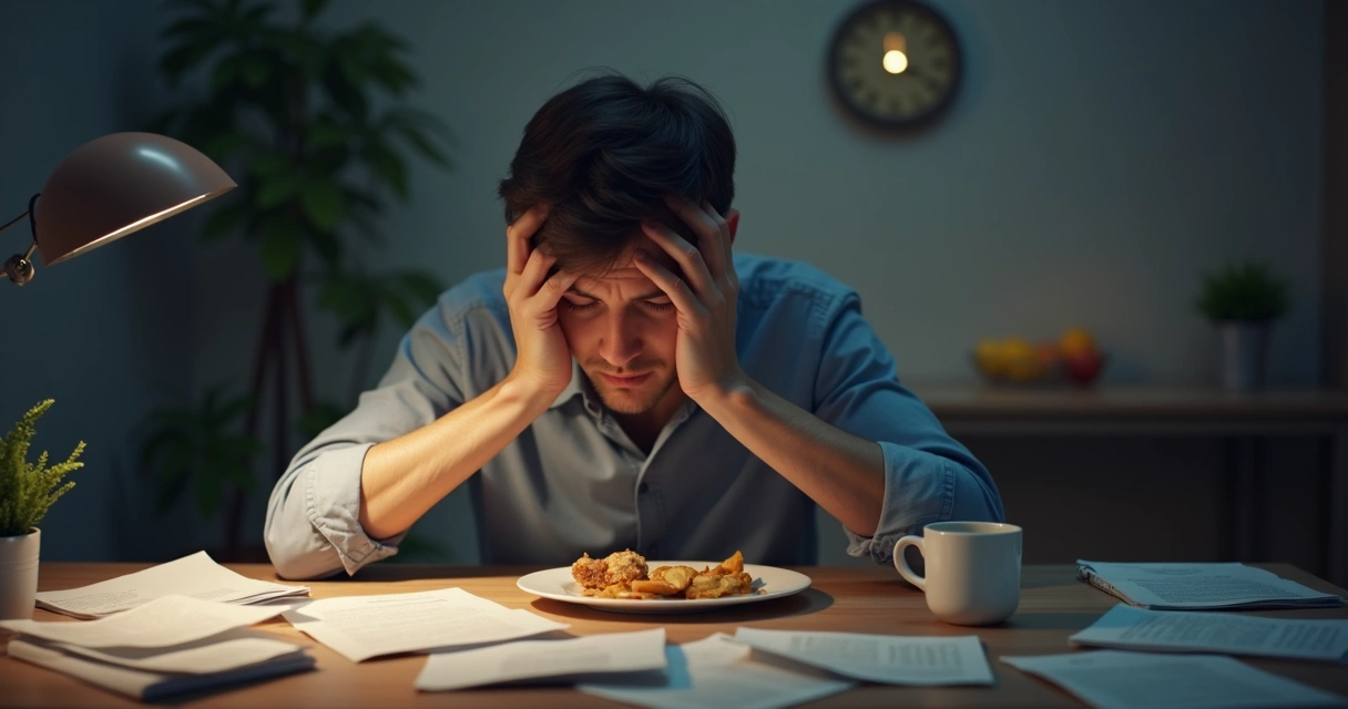 Pessoa sentada à mesa, rosto apoiado nas mãos, papéis espalhados, expressão de cansaço 