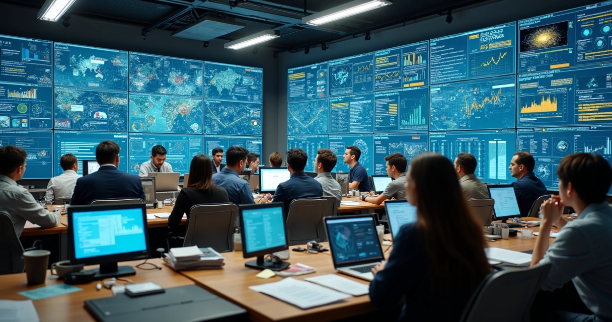 Equipe trabalhando rodeada por telas cheias de informações e gráficos 