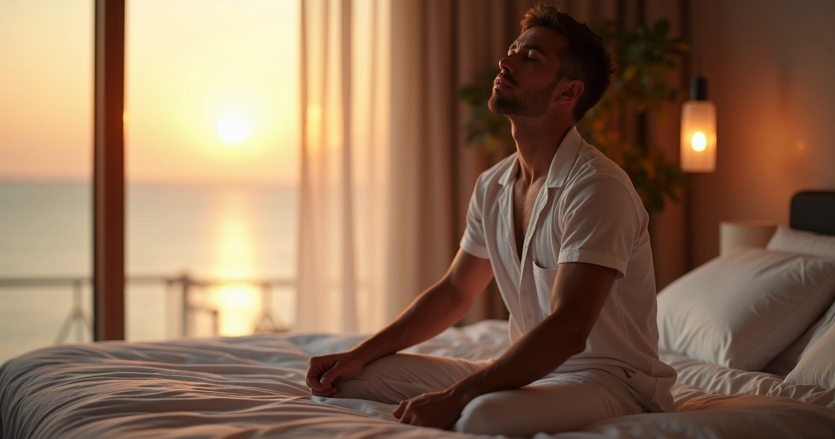 Homem sentado na cama, olhos fechados, praticando respiração profunda ao amanhecer 