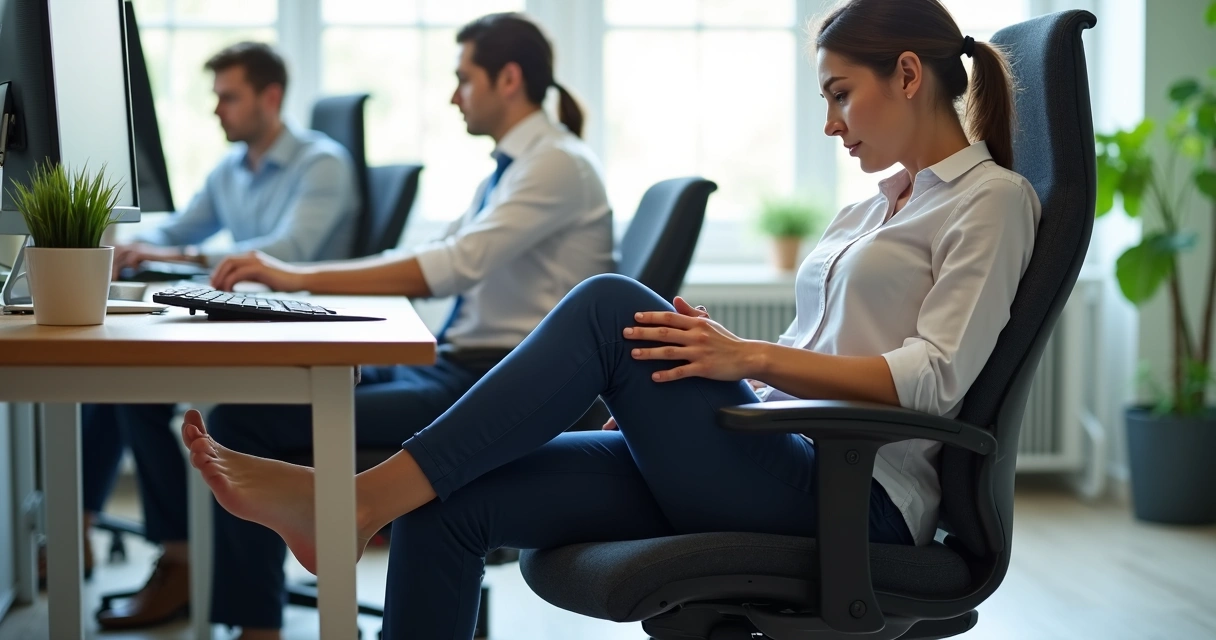 Exercício de pernas sentado em escritório moderno