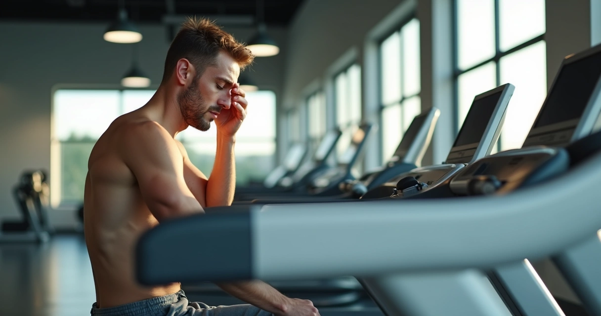 Homem cansado sentado ao lado de esteira branca