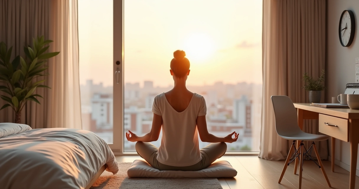 Pessoa meditando ao amanhecer diante de janela com rotina organizada ao redor 