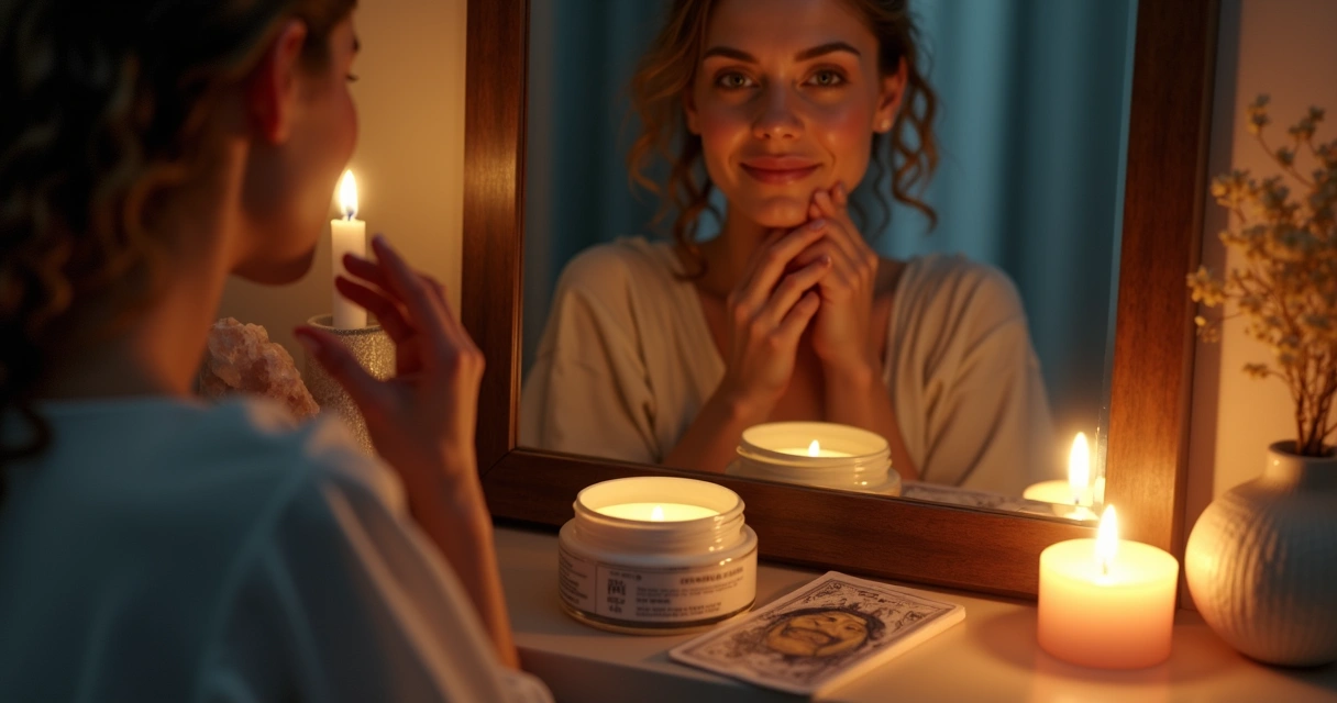 Mulher passando creme no rosto com cartas de tarot ao lado 