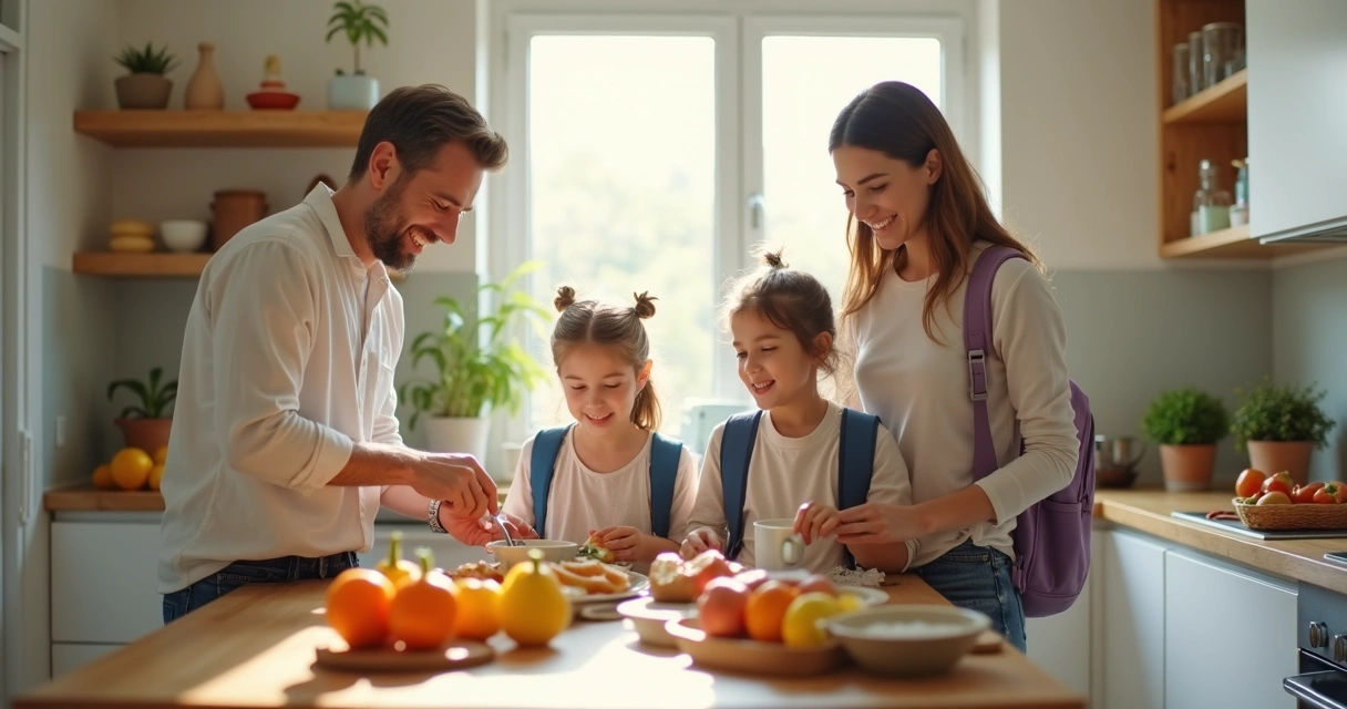 Rotina familiar na cozinha com organização e diálogo