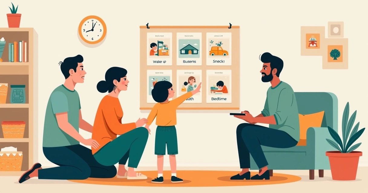 Família organizando rotina visual com cartões 