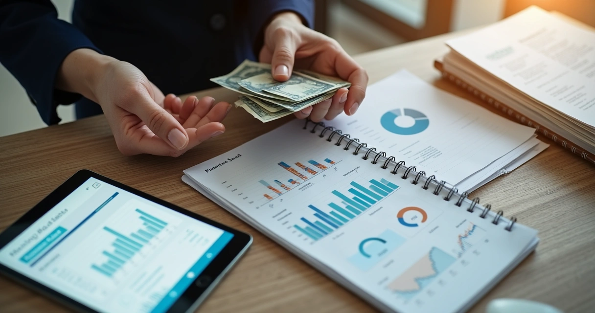 Conferência de caixa com notas, comprovantes e tablet 