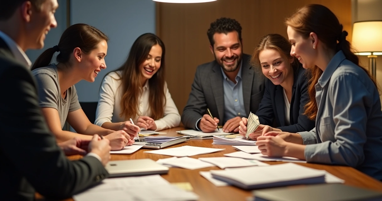 Equipe de hotel reunida para fechamento de caixa em mesa com documentos e notebook 