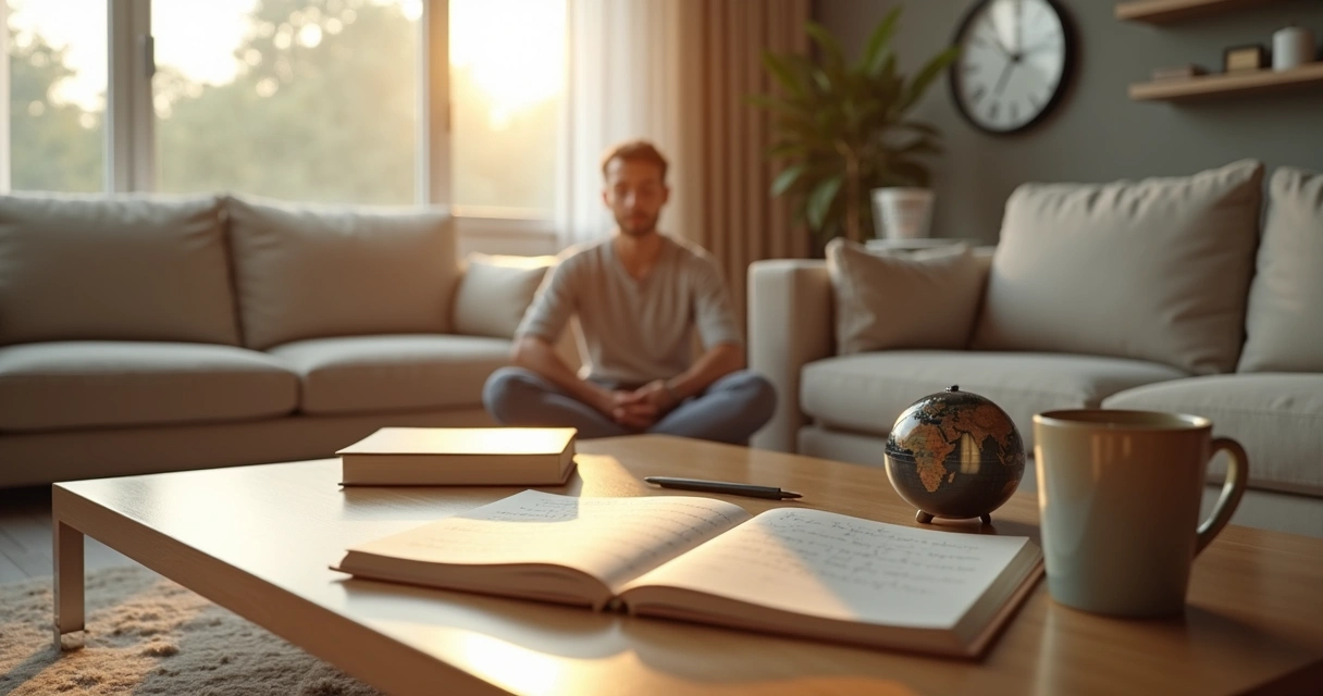 Pessoa meditando em casa com caderno aberto e globo terrestre sobre a mesa 