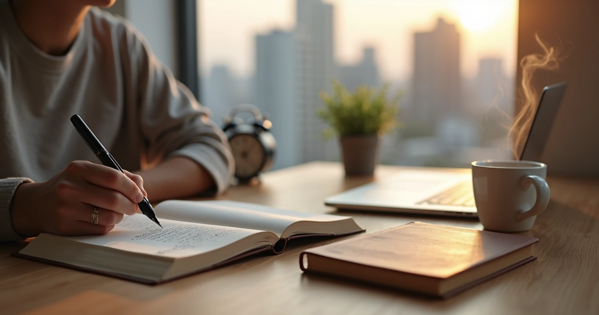 Pessoa escrevendo em caderno ao lado de xícara de café, livro e janela iluminada 