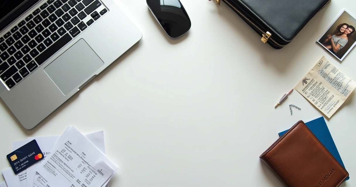 Mesa com dois cartões de crédito e itens de escritório 