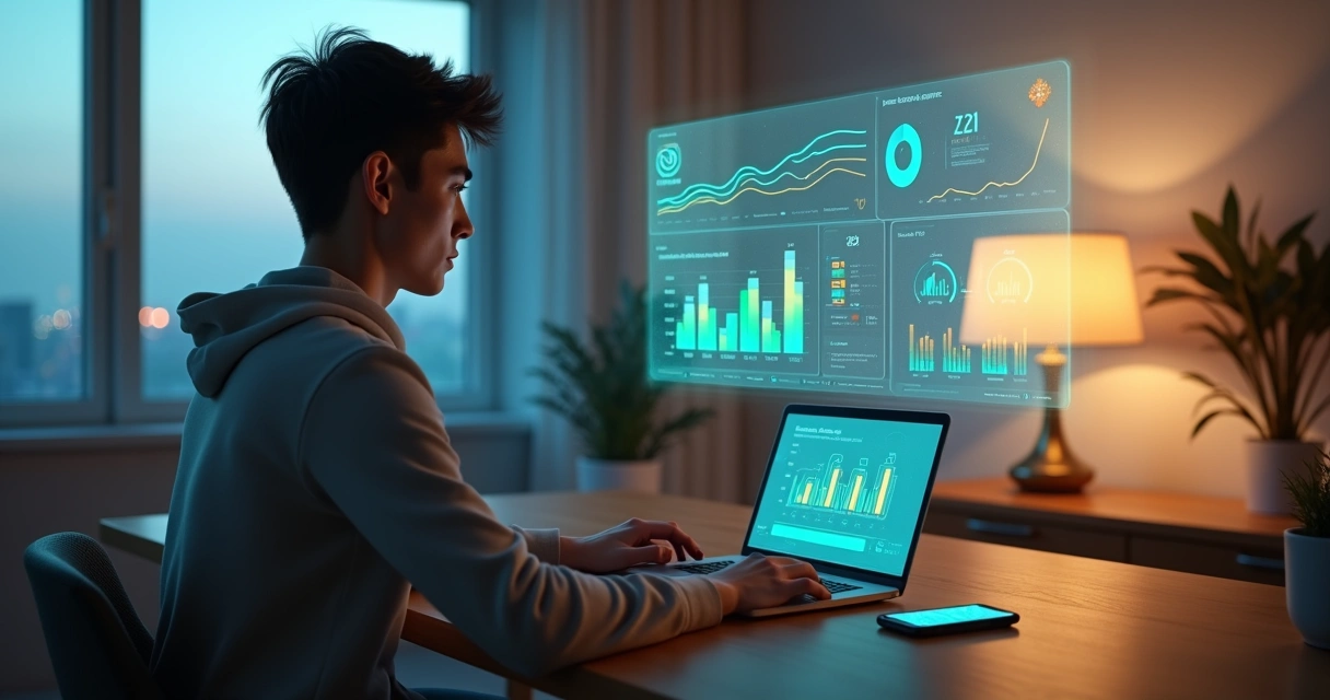 Pessoa acompanha painel financeiro automatizado em tela holográfica em ambiente moderno 