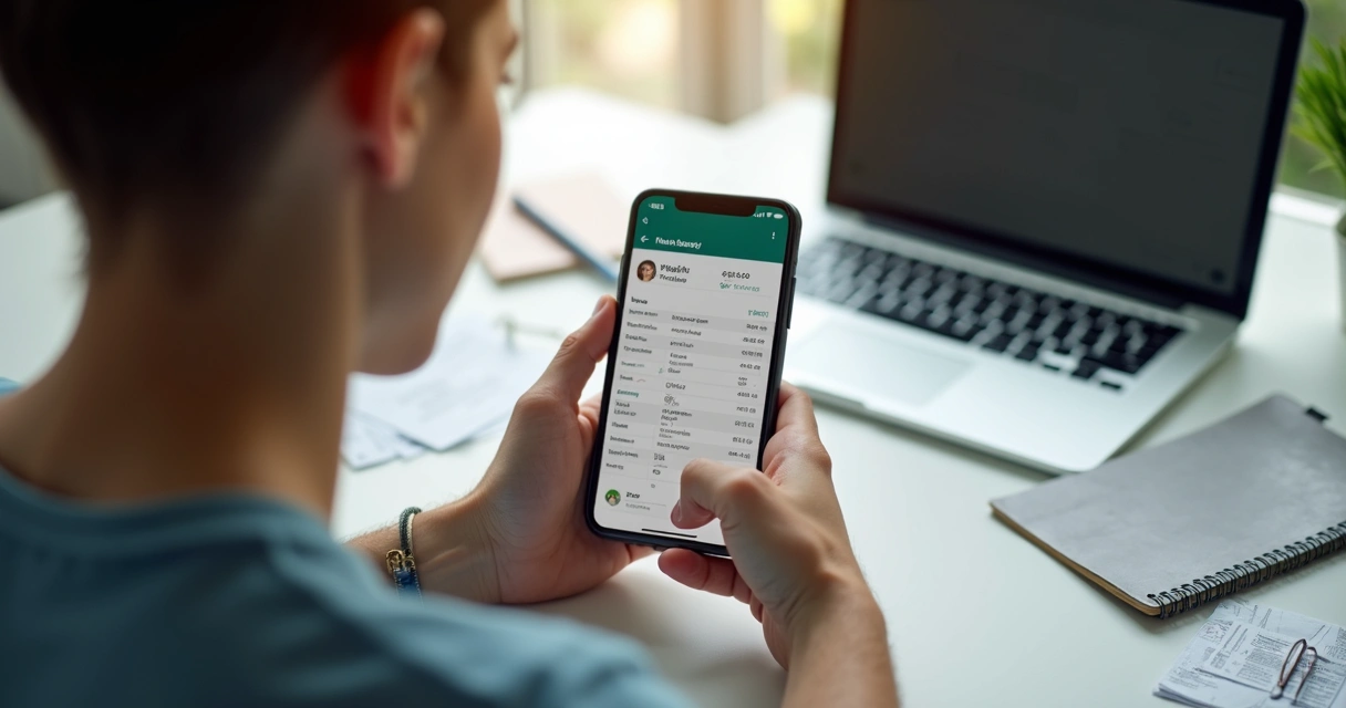 Pessoa organizando despesas no WhatsApp com relatórios na tela 