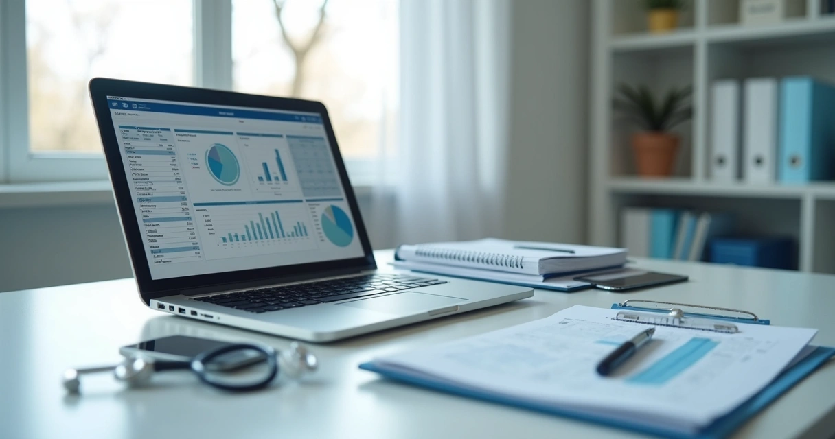 Mesa com relatórios financeiros, notebook e agenda de clínica 