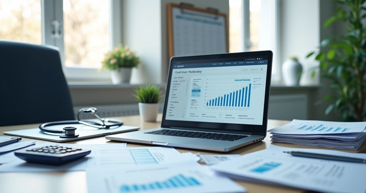 Mesa com notebook, relatórios financeiros e calculadora em escritório de clínica 