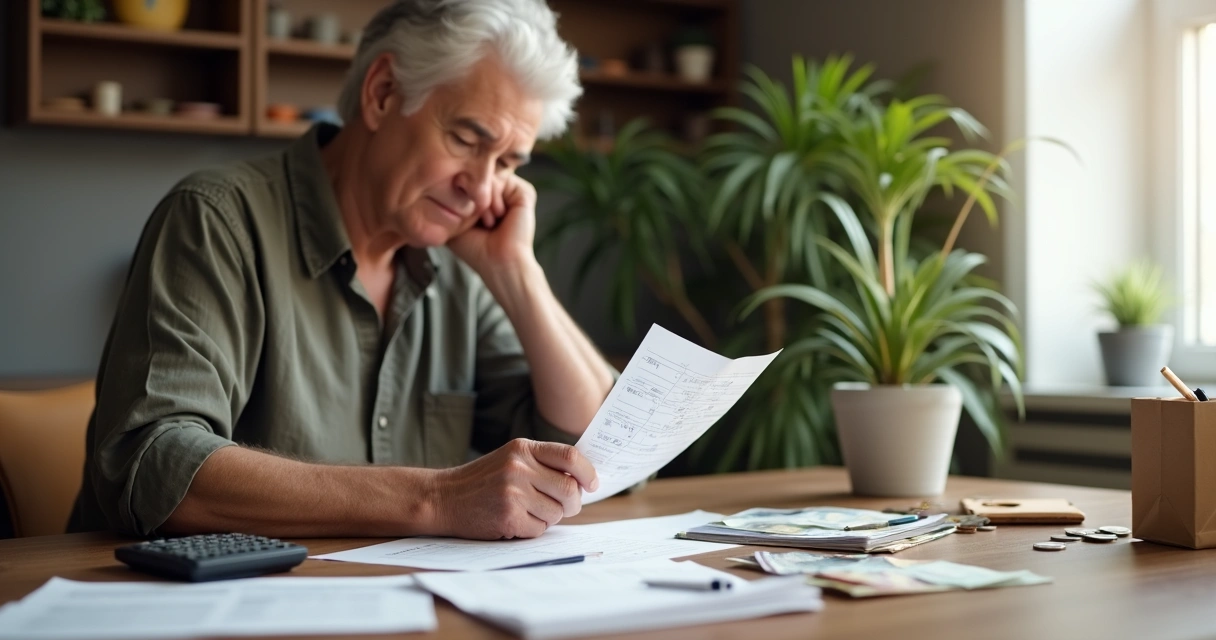 Pessoa refletindo sobre despesas diárias em uma mesa com notas, moedas e lista de compras
