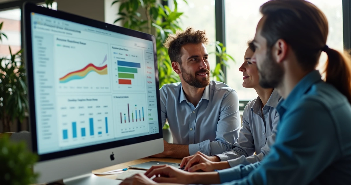 Equipe pequena reunida em computador vendo painel financeiro 