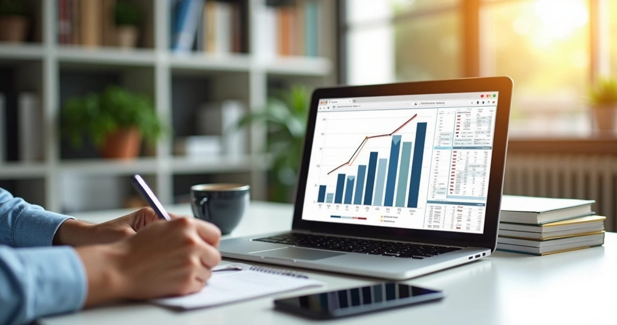Mesa com computador e gráficos de gestão financeira