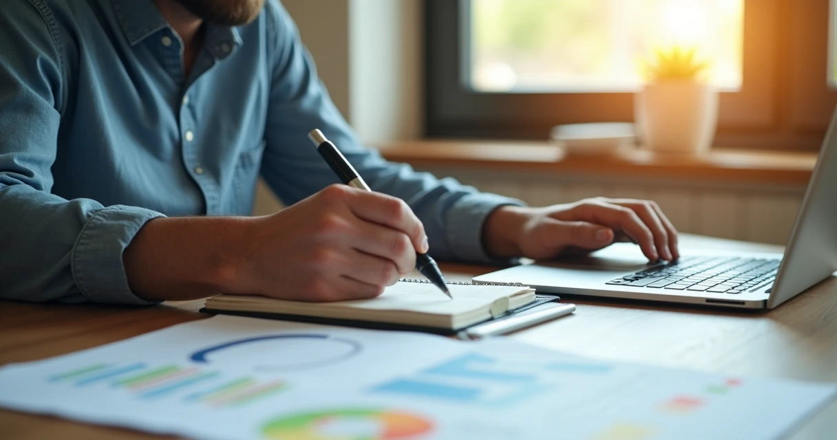 Empresário usando agenda e planilha para rotina financeira 