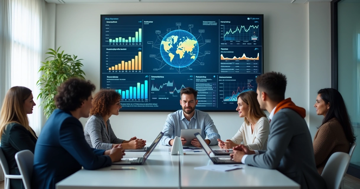 Painel digital mostrando dados financeiros integrados e gráficos coloridos 