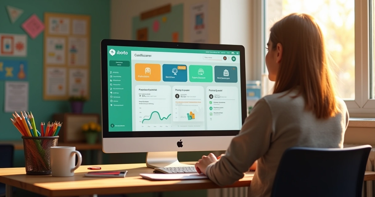 Funcionária de escola usando painel digital para acompanhar pagamentos