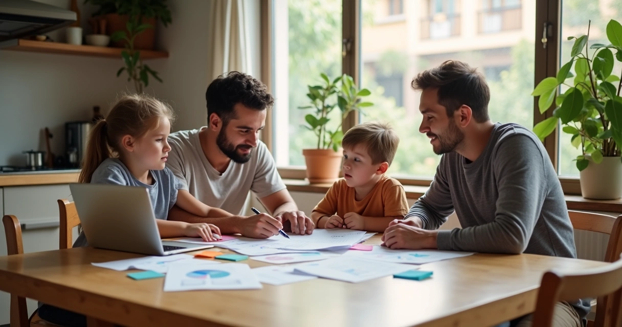 Família brasileira usando rotina financeira junto à mesa