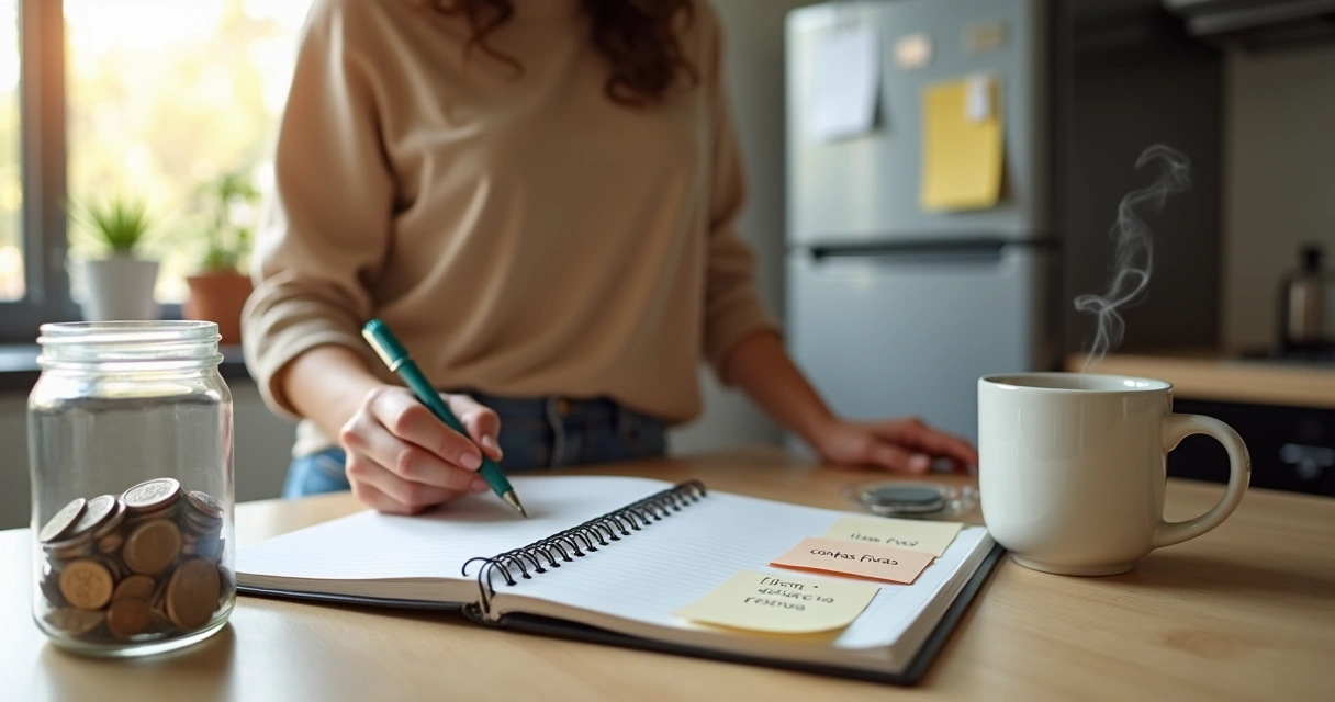 Mulher organiza finanças pela manhã com caderno e café na cozinha 