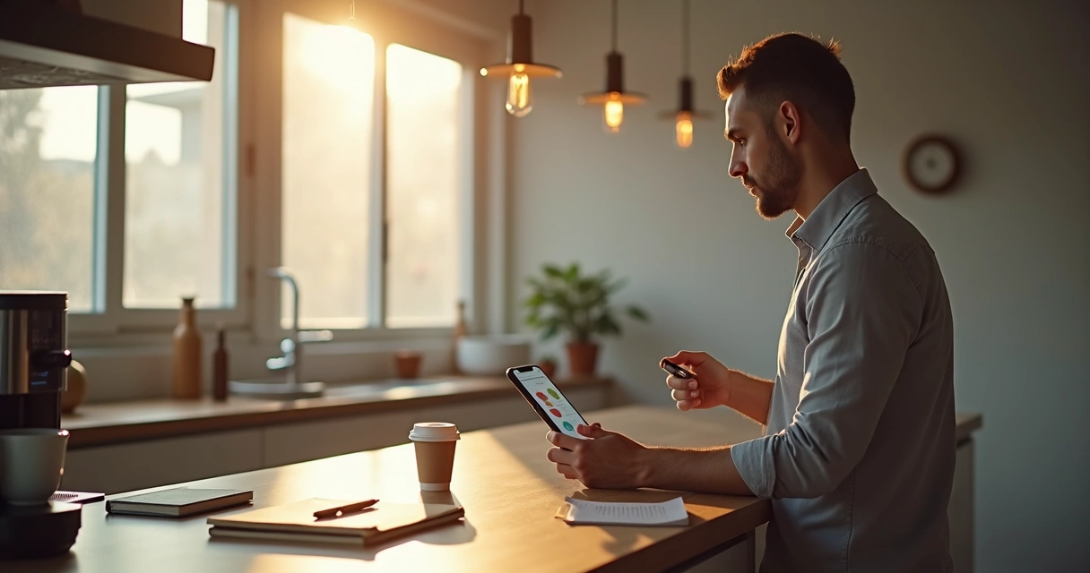 Adulto brasileiro espera café enquanto confera finanças pelo celular na cozinha 